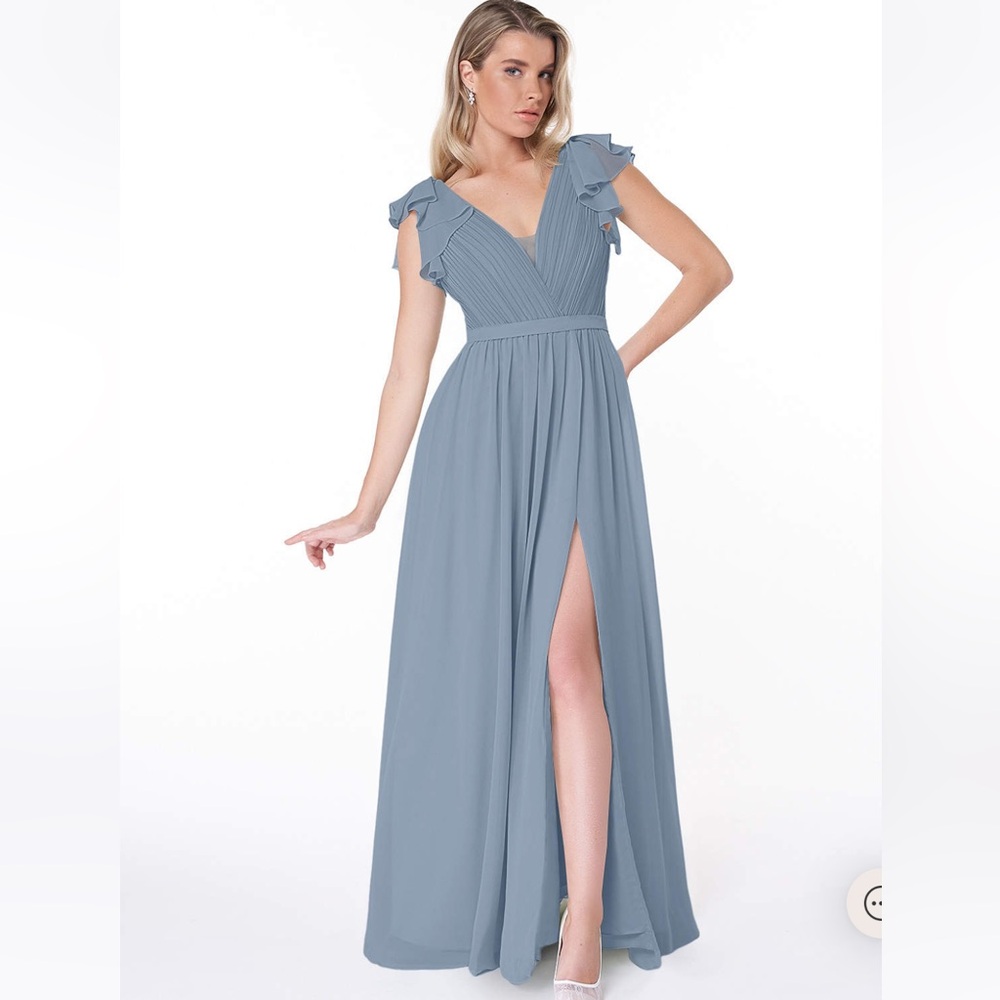 New A-line Pleated Chiffon Long Dress dusty blue, size 22, bridesmaid w/ slit